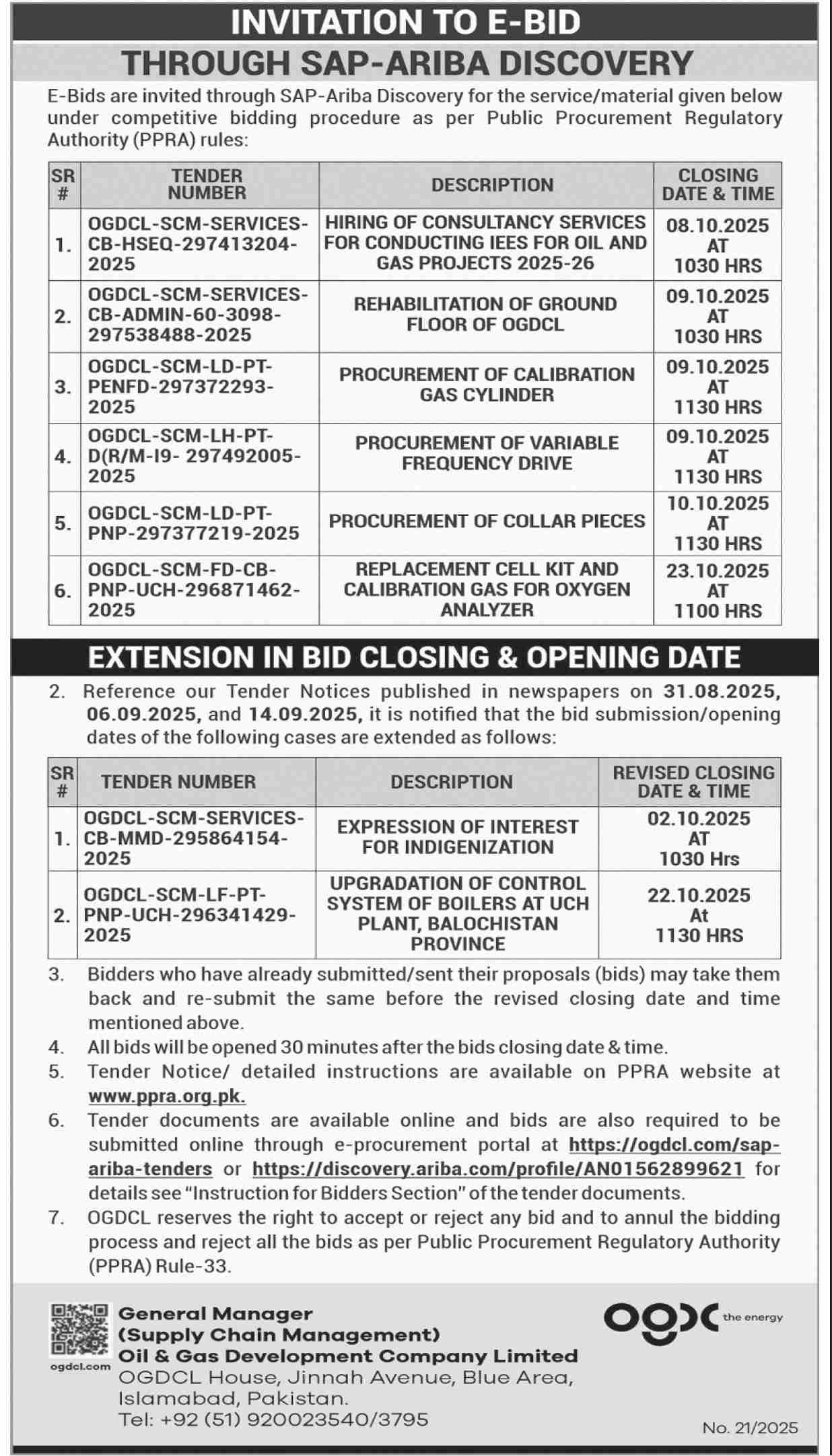 Oil & Gas Development Company Limited Islamabad Tender Notice